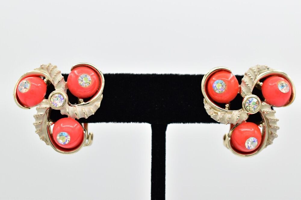 kramer Vintage Clip On Earrings Orange Cabochon Rhinestone Crystal Signed 50s 9M